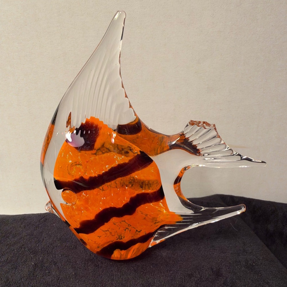 Art Glass Angel Fish Figurine Orange Striped Hand Blown Paperweight 5 Inch